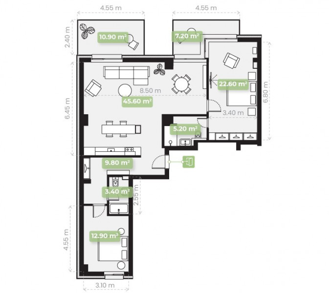 Tomis Plus - Apartament C2-Tip 06 cu 3 camere in bloc nou 2022, finisat complet.