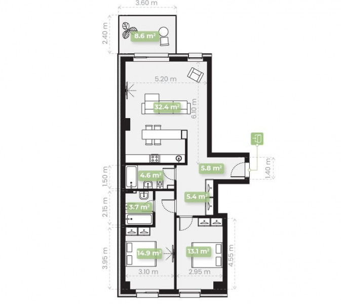 Tomis Plus - Apartament C2-Tip 01 cu 3 camere in bloc nou, finisat complet.