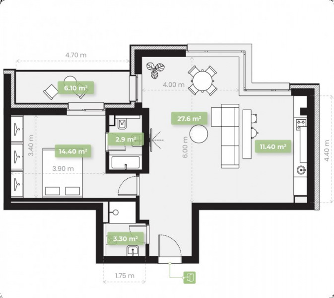 Tomis Plus - Apartament C1-Tip 03 cu 2 camere in bloc nou 2022, finisat complet.