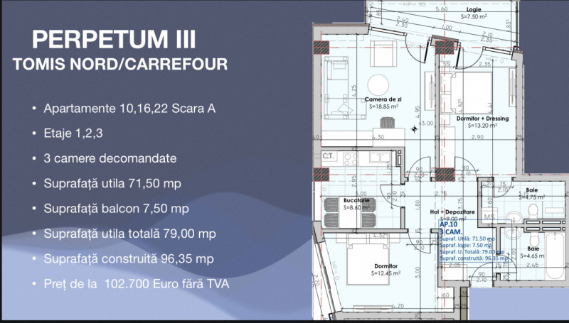 Tomis Nord - Perpetum III - Direct Dezvoltator - 3 camere decomandate, bloc nou.